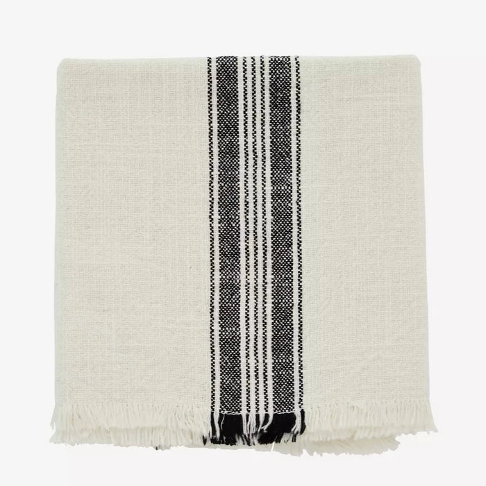 Striped Kitchen Towel with Fringes - White